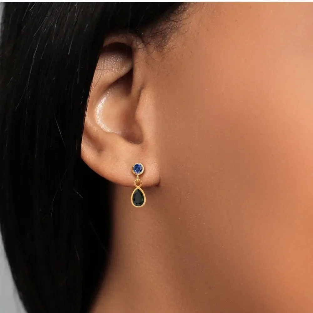 14K Yellow Gold with 1.04 Cttw Black Onyx and Royal Blue Sapphire Post Earrings